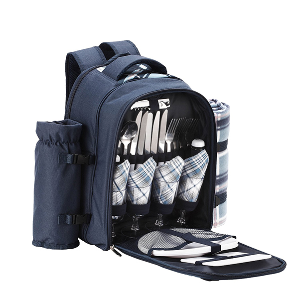 4 Person Blue Tartan Picnic Backpack With Blanket